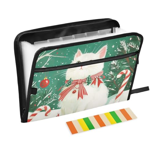 Fächermappen, 13 Fächer, A4, Briefgröße mit Reißverschluss, für Büro, Cartoon, niedlich, weiß, Weihnachtskatzen-Organizer von tplaotee