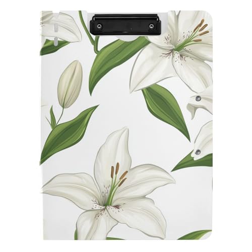 Faltbares Klemmbrett Cartoon Lilie Blumen Weiß A4 Klemmbrett mit Padfolio Doppelclips Stifthalter Büro Klemmbrett mit Abdeckung von tplaotee