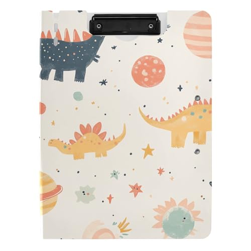 Faltbares Klemmbrett Kindlicher Cartoon Dino Planeten Retro A4 Klemmbrett Folio Binder Doppelte Metallclips Stifthalter Still-Clipboard mit Abdeckung von tplaotee