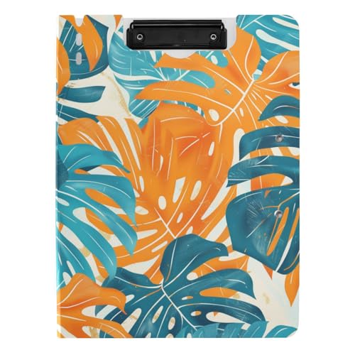 Faltbares Klemmbrett Orange Cyan Monstera Deliciosa Blätter A4 Klemmbrett Padfolio Doppelte Metallclips Stifthalter Schule Klemmbrett mit festem Einband von tplaotee