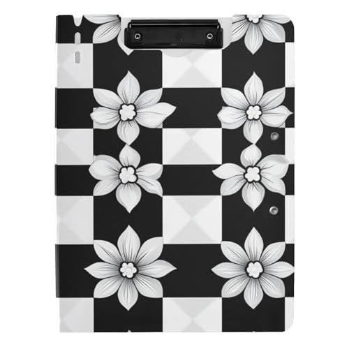Faltbares Klemmbrett Schwarz Weiß Kariertes Blumenmuster A4 Klemmbrett mit Padfolio Horizontale und Vertikale Doppelclips Still-Clipboard mit Abdeckung von tplaotee