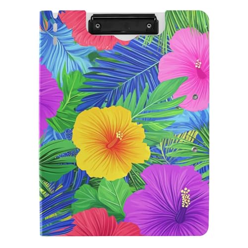 Faltbares Klemmbrett im hawaiianischen Stil, tropische Blumen, Palmenblätter, leuchtende Neonfarben, A4-Klemmbrett mit Ordner, zwei Metall-Clips, Stifthalter, Büro-Klemmbrett mit Abdeckung Faltbares Klemmbrett im hawaiianischen Stil, tropische Blumen, Palmenblätter, leuchtende Neonfarben, A4-Klemmbrett mit Ordner, zwei Metall-Clips, Stifthalter, Büro-Klemmbrett mit Abdeckung von tplaotee