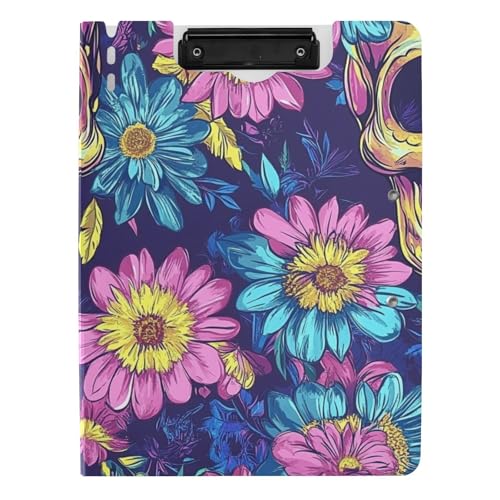Faltbares Klemmbrett mit Aufbewahrung, Blumenschädel buntes A4-Klemmbrett, Folio-Ordner, zwei Metall-Clips, Stifthalter, Still-Clipboard mit Abdeckung von tplaotee
