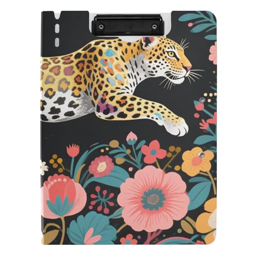 Faltbares Klemmbrett mit buntem Leopard und Blumen, Art-Deco, A4-Klemmbrett mit Ordner, horizontale und vertikale Doppel-Clips, Büro-Klemmbrett mit festem Einband von tplaotee