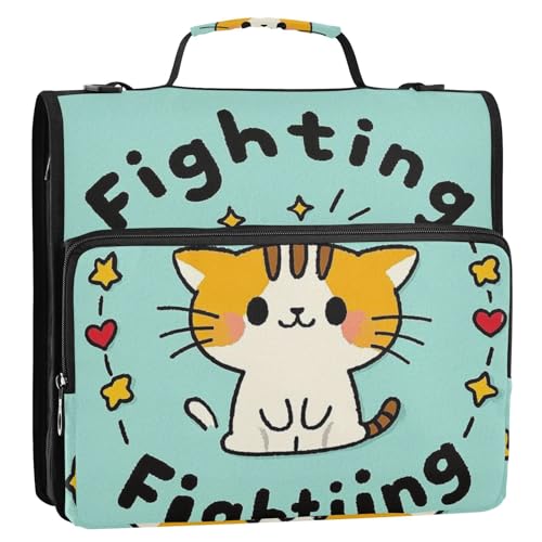 Fighting Cartoon Cute Cat 3 Rings 3.8 cm Zipper Binder Organizer with Handle and Removable Shoulder Strap Multiple Pockets School Binders Organizer for Office School von tplaotee
