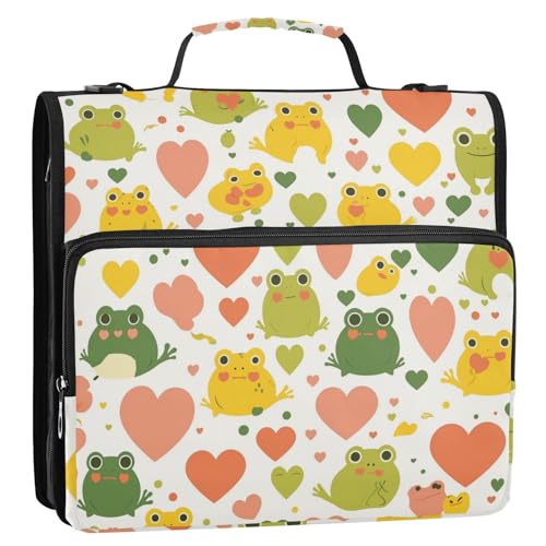 Frosch Simple Line Art Herzform Valentinsbuch mit 3 Ringen und Reißverschluss mit Schultergurt, mehrere Taschen, tragbar, für Zuhause, Reisen, sichere Aufbewahrungstasche für die Schule von tplaotee
