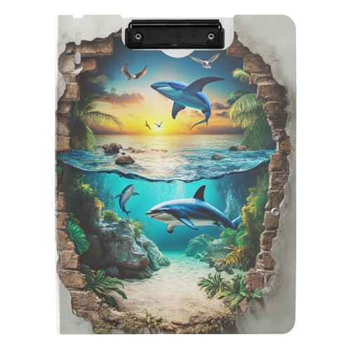 Gefaltetes Klemmbrett, 3D-Loch, weiße Wand, Ozean, Tier, Hai, A4, Klemmbrett, Padfolio, doppelte Metall-Clips, Stifthalter, Büro-Klemmbrett mit festem Einband von tplaotee