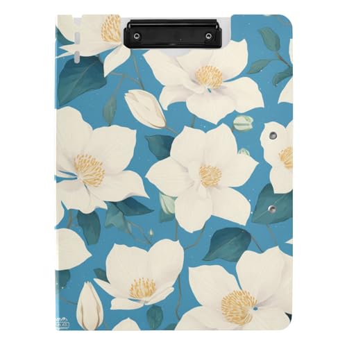 Gefaltetes Klemmbrett Chic Weiß Clematis Blumen Blaugrün Hintergrund A4 Klemmbrett mit Padfolio Doppelte Metallclips Stifthalter Büro Klemmbrett mit Abdeckung von tplaotee