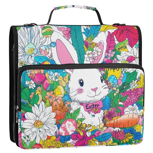 Happy Easter Bunny Karotten Blumen 3 Ringe Organizer Ordner mit Schultergurt und Griff inklusive Reißverschlusstasche Dokumentenbinder Organizer für Schule von tplaotee
