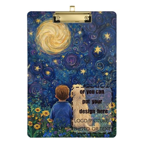 Junge und Hund Sterne Mond Dreamy Personalisierbare Ordner mit Klemmbrett Kunststoff für Fußball Softball Coaching Größe 9 x 12 von tplaotee