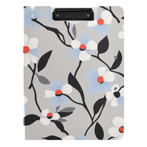 Klappbares Klemmbrett, weißes und blaues Blumenmuster, minimalistischer Stil, grau, A4-Klemmbrett, Clipfolio, doppelte Metall-Clips, Stifthalter, Still-Clipboard mit Abdeckung von tplaotee