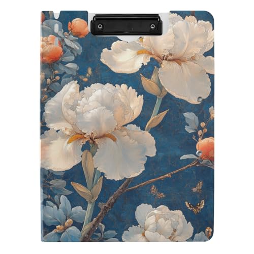 Klemmbrett, faltbar, chinesischer Stil, weiße Iris Koralle Pfingstrosen, A4, Klemmbrett, Doppel-Clips, Stifthalter, Still-Clipboard mit Abdeckung Klemmbrett, faltbar, chinesischer Stil, weiße Iris Koralle Pfingstrosen, A4, Klemmbrett, Doppel-Clips, Stifthalter, Still-Clipboard mit Abdeckung von tplaotee