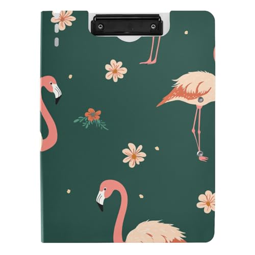 Klemmbrett-Ordner mit Aufbewahrung, Cartoon, süßer Flamingo, Grün, A4-Klemmbrett, Folio, doppelte Metall-Clips, Stifthalter, Büro-Klemmbrett mit festem Einband von tplaotee