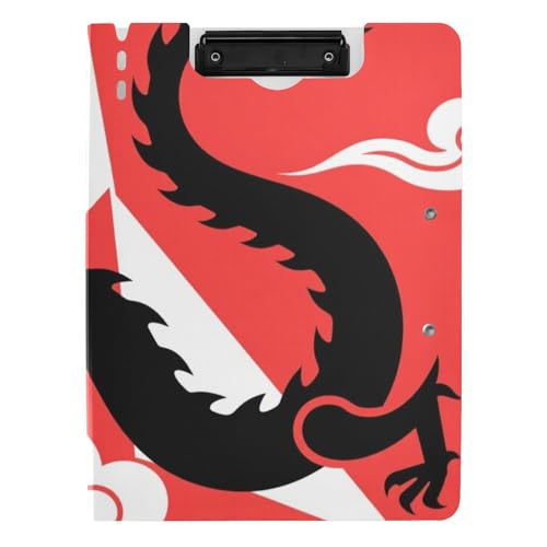 Klemmbrett mit Aufbewahrung, schwarzer Drache, Rot, A4-Klemmbrett, Folio, doppelte Metall-Clips, Stifthalter, Still-Clipboard mit Abdeckung von tplaotee