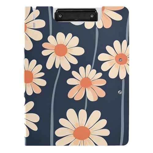 Klemmbrett mit Mappe, Retro, Gänseblümchen, Marineblau, Pfirsichfarben, A4, Klemmbrett, Clipfolio, zwei Metallklammern, Stifthalter, Still-Clipboard mit Abdeckung von tplaotee