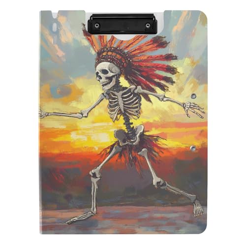 Klemmbrett mit Mappe, Tribal-Tanzendes menschliches Skelett, A4-Klemmbrett, doppelte Metallklammern, Stifthalter, Still-Clipboard mit Abdeckung von tplaotee