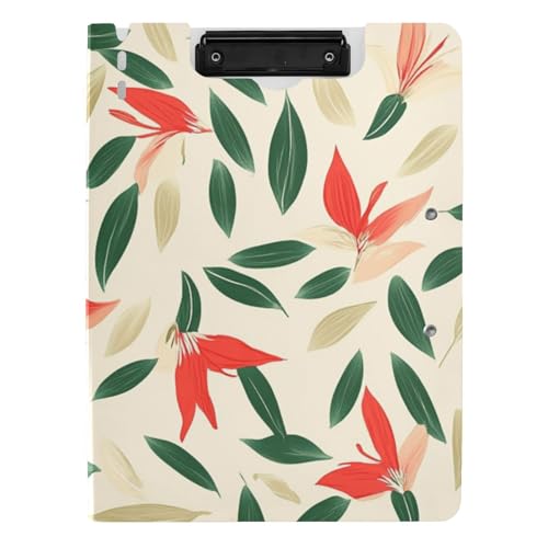 Klemmbrett mit Mappe, klein, rote Blumen, grüne Blätter, Ditsy Druck-Stil, A4-Klemmbrett, Clipfolio, zwei Metallklammern, Stifthalter, Büro-Klemmbrett mit Abdeckung von tplaotee