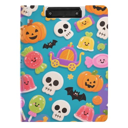 Klemmbrett mit Mappe, niedlicher gelber Kürbisschädel für Halloween, A4-Klemmbrett mit Padfolio, doppelte Metallclips, Stifthalter, Still-Clipboard mit Abdeckung von tplaotee