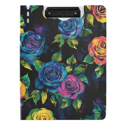Klemmbrett mit Mappe, schwarz, lebendige, bunte Rosen, A4-Klemmbrett, Folio, doppelte Metall-Clips, Stifthalter, Büro-Klemmbrett mit Abdeckung Klemmbrett mit Mappe, schwarz, lebendige, bunte Rosen, A4-Klemmbrett, Folio, doppelte Metall-Clips, Stifthalter, Büro-Klemmbrett mit Abdeckung von tplaotee