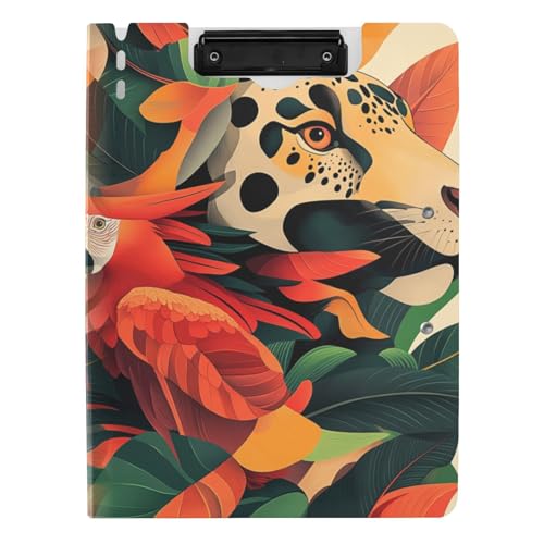 Klemmbrett mit Mappe, tropisch, bunt, Leopardenmuster, roter Ara, Pop-Art-Stil, A4, Clipfolio, zwei Metall-Clips, Stifthalter, Still-Clipboard mit Abdeckung von tplaotee