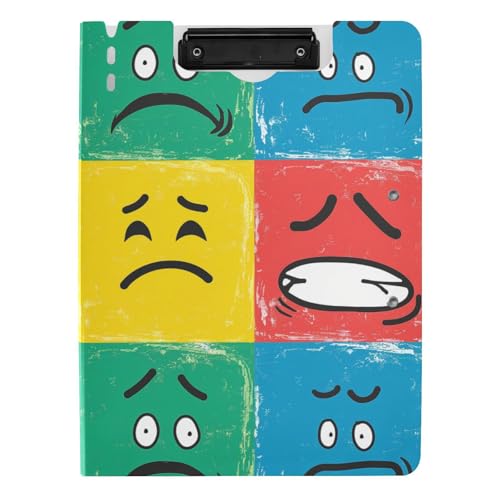 Klemmbrett mit Ordner, bunt, Pop-Art-Stil, Gesichtssymbole, A4-Klemmbrett, Clipfolio, doppelte Metall-Clips, Stifthalter, Büro-Klemmbrett mit Abdeckung Klemmbrett mit Ordner, bunt, Pop-Art-Stil, Gesichtssymbole, A4-Klemmbrett, Clipfolio, doppelte Metall-Clips, Stifthalter, Büro-Klemmbrett mit Abdeckung von tplaotee