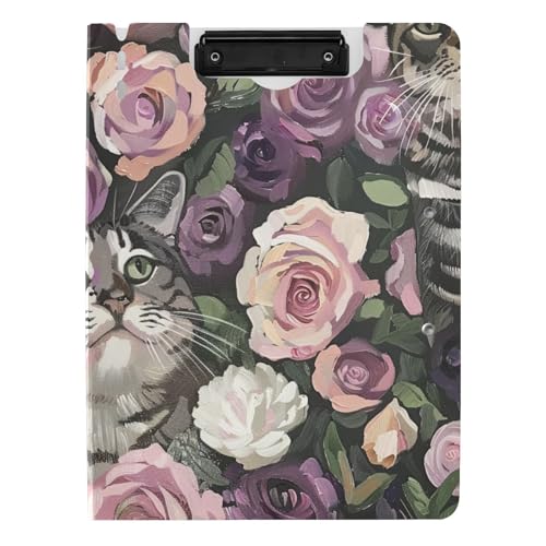 Klemmbrettmappe Katze umgeben von Rosen A4 Klemmbrett Padfolio Doppelte Metallclips Stifthalter Still-Clipboard mit Abdeckung von tplaotee