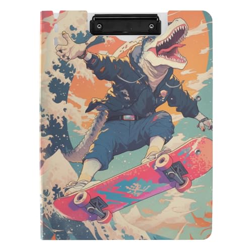 Klemmbrettmappe Retro 90er Jahre Skateboard Dinosaurier buntes A4-Klemmbrett mit Ordner, horizontale und vertikale Doppel-Clips, Büro-Klemmbrett mit Abdeckung Klemmbrettmappe Retro 90er Jahre Skateboard Dinosaurier buntes A4-Klemmbrett mit Ordner, horizontale und vertikale Doppel-Clips, Büro-Klemmbrett mit Abdeckung von tplaotee