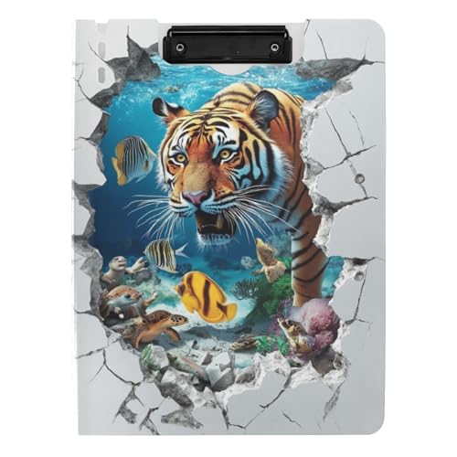 Klemmbrettmappe mit Aufbewahrung, 3D-rissiges Loch, Tier-Tiger, Unterwasser, A4-Klemmbrett, Folio, doppelte Metallclips, Stifthalter, Büro-Klemmbrett mit Abdeckung von tplaotee
