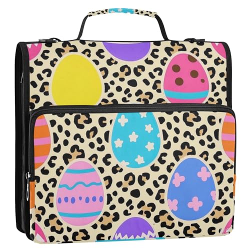 Leopard Ostereier Bunte 3,8 cm 3-Ringe Binder Reißverschluss mit Schultergurt Mehrere Taschen Tragbar Zuhause Reise Sichere Aufbewahrungstasche für Schule von tplaotee
