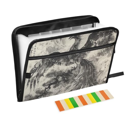 Mappe mit mehreren Fächern, 13 Taschen, A4, Briefgröße mit Reißverschluss, für Dokumentenaufbewahrung, schwarzer Phönix-Vogel, chinesische Tinte, Malerei, expando Mappe mit mehreren Fächern, 13 Taschen, A4, Briefgröße mit Reißverschluss, für Dokumentenaufbewahrung, schwarzer Phönix-Vogel, chinesische Tinte, Malerei, expando von tplaotee