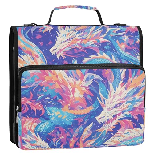 Ölgemälde-Stil, cooler Drache, 3 Ringe, 3,8 cm, Schul-Reißverschluss, Ordner mit Schultergurt und Griff, inklusive Reißverschlusstasche, Dokumentenmappe für Schule/Büro von tplaotee