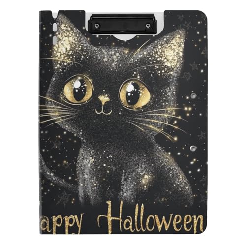 Ordner-Klemmbrett mit Aufbewahrung, Happy Halloween, schwarze Katze, A4-Klemmbrett, Folio-Ordner, doppelte Metallklammern, Stifthalter, Schulklemmbrett mit Abdeckung Ordner-Klemmbrett mit Aufbewahrung, Happy Halloween, schwarze Katze, A4-Klemmbrett, Folio-Ordner, doppelte Metallklammern, Stifthalter, Schulklemmbrett mit Abdeckung von tplaotee