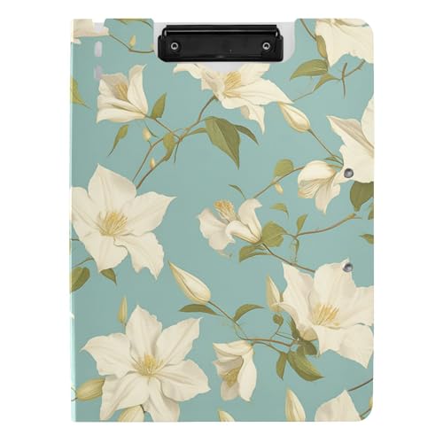 Ordner-Klemmbrett mit Aufbewahrung, schick, weiße Clematis-Blumen, blaugrüner Hintergrund, A4-Klemmbrett, Folio-Ordner, zwei Metall-Clips, Stifthalter, Büro-Klemmbrett mit Abdeckung Ordner-Klemmbrett mit Aufbewahrung, schick, weiße Clematis-Blumen, blaugrüner Hintergrund, A4-Klemmbrett, Folio-Ordner, zwei Metall-Clips, Stifthalter, Büro-Klemmbrett mit Abdeckung von tplaotee