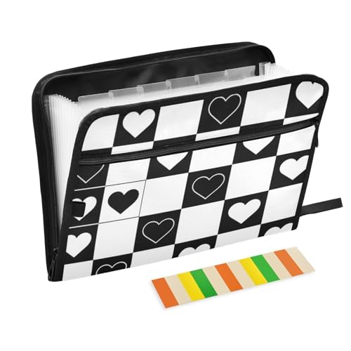 Ordner-Organizer mit Taschen, 13 Taschen, A4, Briefgröße mit Reißverschluss, für Bürobedarf, schwarz-weiß, kariertes Muster, Herzform, Para Guardar Documentos von tplaotee