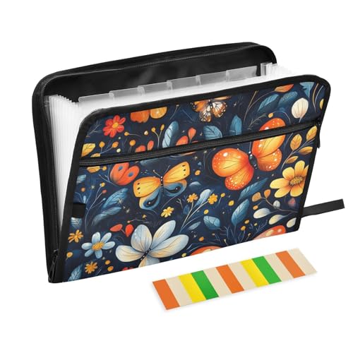 Ordner für Dokumente, 13 Taschen, A4, Briefgröße mit Reißverschluss, für Büro, Cartoon, Schmetterlinge, Insekten, Blumen, kindliche bunte Teppiche von tplaotee