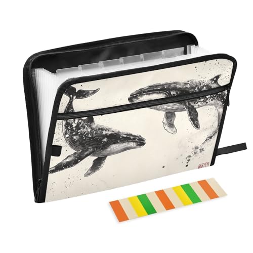 Ordner für Dokumente, 13 Taschen, A4, Briefgröße mit Reißverschluss, für Zuhause, Büro, Schwimmen, Wal, Tinte, künstlerische Konzeption, Para Guardar Documentos von tplaotee