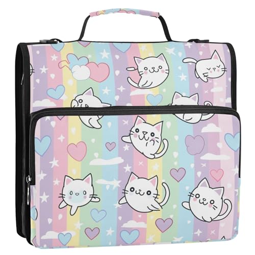 Ordner mit 3 Ringen, Motiv: Katzen, Cartoon, Regenbogenfarben, 3,8 cm, mit Reißverschluss und Schultergurt und Griff, für Schule / Büro von tplaotee