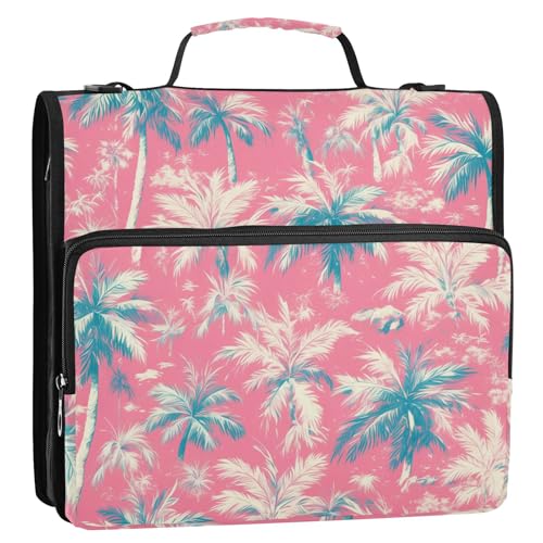 Ordner mit 3 Ringen, Palme, Weiß, Pfirsich, Aquarellfarben, mit extra Taschen und Riemen, mehrere Taschen, Dokumentenmappe, Organizer für die Schule von tplaotee
