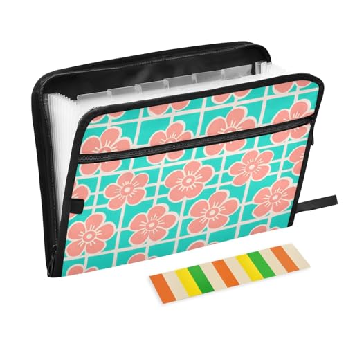 Ordner mit Etiketten, 13 Taschen, A4, Briefgröße, mit Reißverschluss, für Büro, Mintgrün, Karomuster, Korallenblumen, expando von tplaotee