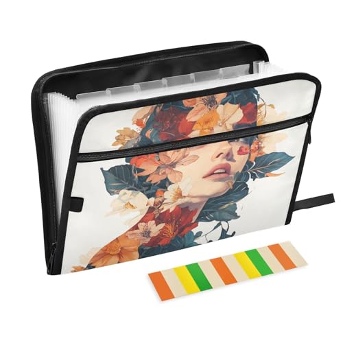 Ordner mit Taschen, 13 Taschen, A4, Briefgröße mit Reißverschluss, für Büro, bunte Blumen, Mädchen, weiße Teppiche von tplaotee