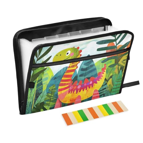 Ordner mit Taschen, 13 Taschen, A4, Briefgröße mit Reißverschluss für Dokumentenaufbewahrung, niedlicher Dinosaurier, kindlicher Stil von tplaotee