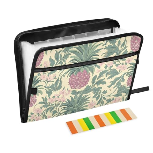 Ordner mit Trennwänden, 13 Fächern, A4, Briefgröße mit Reißverschluss, für Bürobedarf, Retro-Ananas und Blume, Para-Guardar von tplaotee