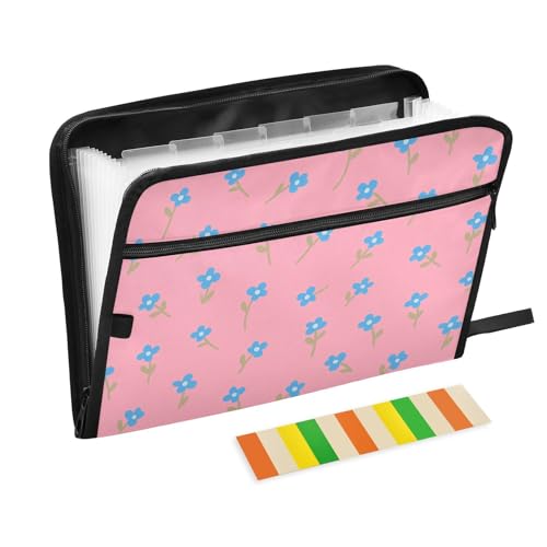 Ordner mit Verschluss, 13 Taschen, A4, Briefgröße mit Reißverschluss, für Büro, blaue Blumen, rosa Hintergrund von tplaotee