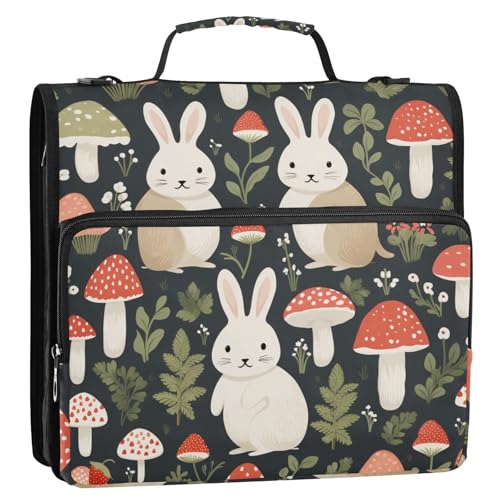 Personalisiertes Kaninchen-Pilz-Mappe mit 3 Ringen und Griff, einfach zu transportieren, Portfolio mit Reißverschluss, für Schule/Büro, 3,8 cm von tplaotee
