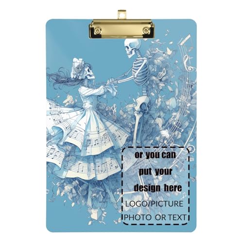 Romantische geheimnisvolle Skelett-Tänzerin, Musiknoten, blau, anpassbares Klemmbrett, Padfolio, Standardloch für Hausaufgaben, Kindergröße, 22,9 x 30,5 cm von tplaotee