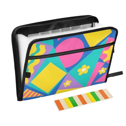 Schnellhefter mit 13 Fächern, A4, Briefgröße mit Reißverschluss, für Zuhause, Büro, bunte geometrische Formen, gelbe Blumen von tplaotee