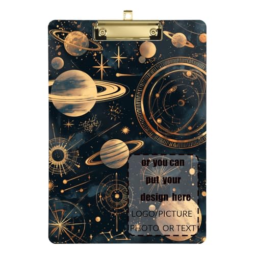 Unique Planet Stars Klemmbrett, Schwarz und Gold, einfache Linie, personalisierbar, hart, transparent, für Lehrer im ersten Jahr, Größe 22,9 x 30,5 cm von tplaotee