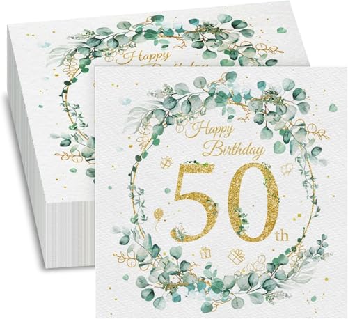 50. Geburtstag Deko Servietten - 40 Stück Servietten, Servietten Eukalyptus Grün, Happy Birthday 50 Servietten, Papierservietten für 50 Geburtsta Frau Geburtstag Feiern Party Jubiläum von trabag