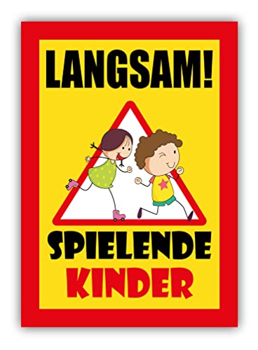 tradercat Langsam Spielende Kinder Schild Aufkleber aus Vinyl Schilder Sticker mit UV-Schutz Vorsicht Kinder Hinweisschilder Spielstrasse Warnzeichen (AUFKLEBER | 42 x 30 cm) von tradercat