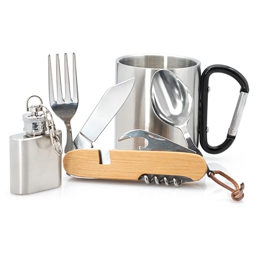Wander Set - Edelstahltasse mit Karabinerhaken & Wanderbesteck - Miniflachmann - Taschenmesser mit Gabel, Löffel & Messer & mehr Wander Set - Edelstahltasse mit Karabinerhaken & Wanderbesteck - Miniflachmann - Taschenmesser mit Gabel, Löffel & Messer & mehr von treeforce